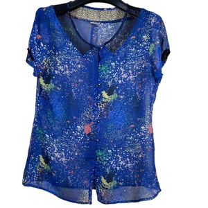 Royal blue sheer blouse‎ with color spatters button front lace-like neck Medium